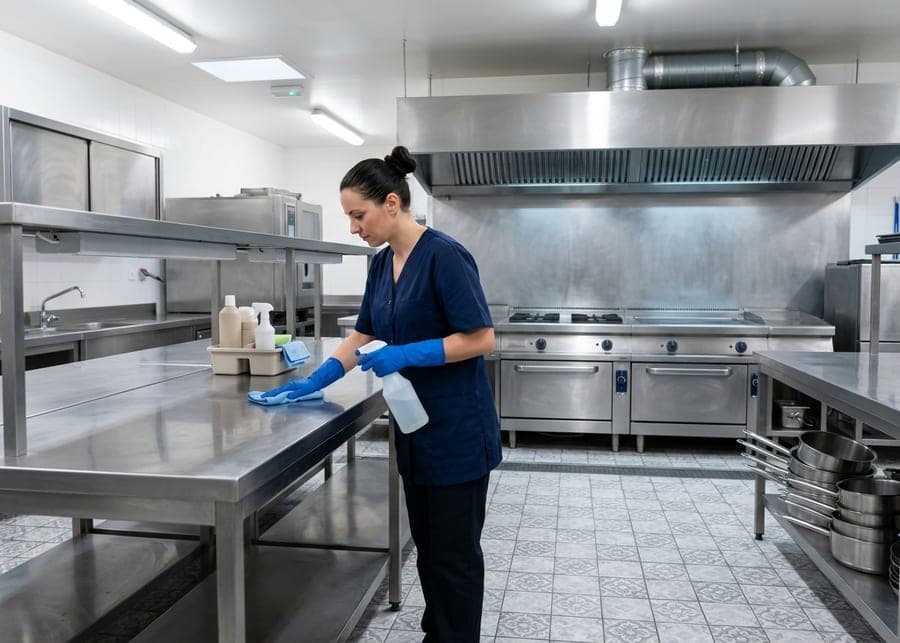 Femme gantée qui dégraisse un plan de travail en inox dans une cuisine professionnelle