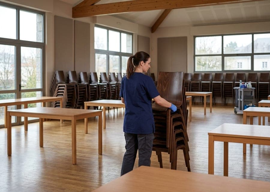 Femme qui empile des chaises en bois dans une salle de réception aux grandes fenêtres