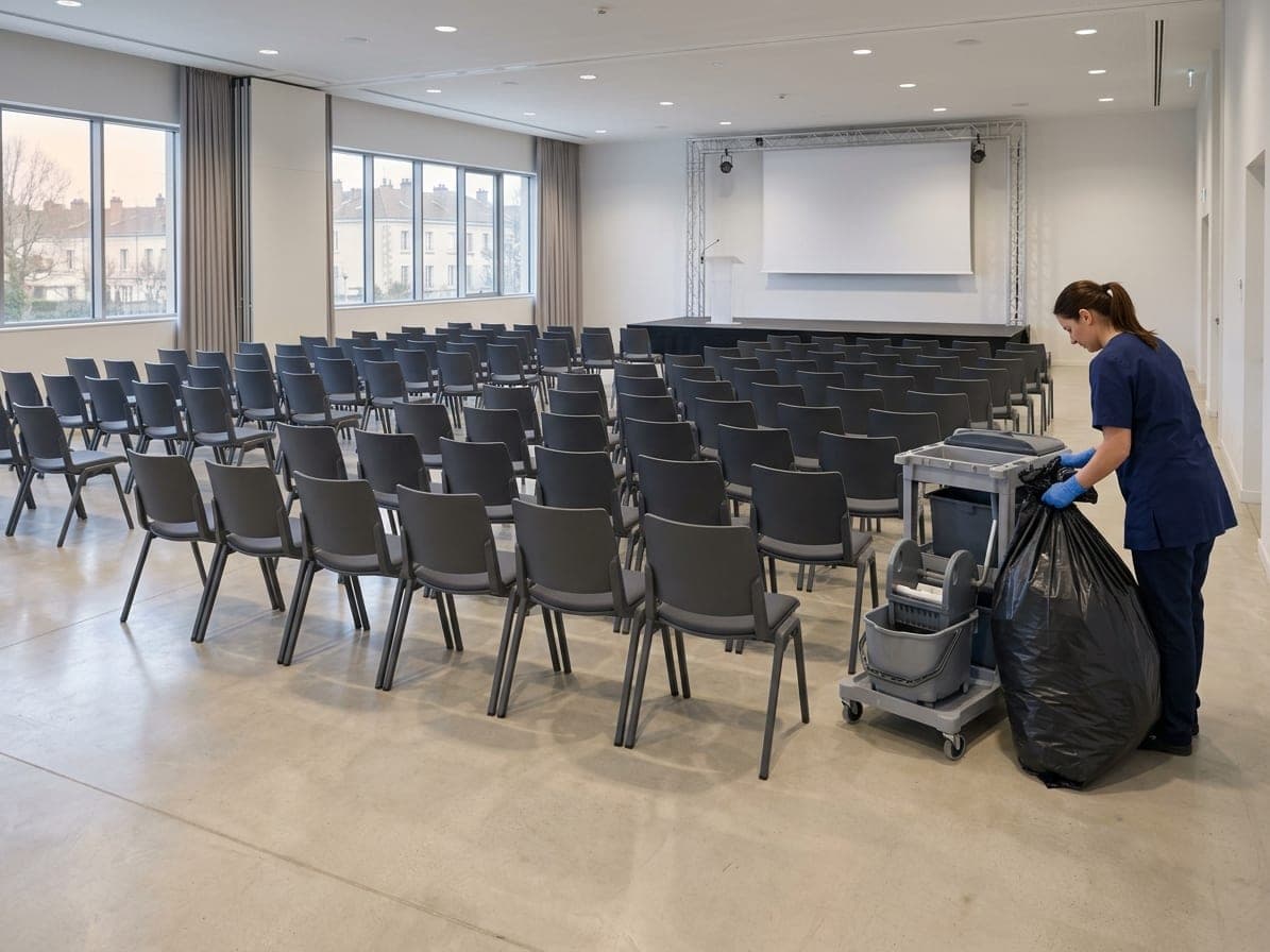 Salle de conférence aux rangées de chaises grises, femme qui ferme un sac-poubelle près de son chariot