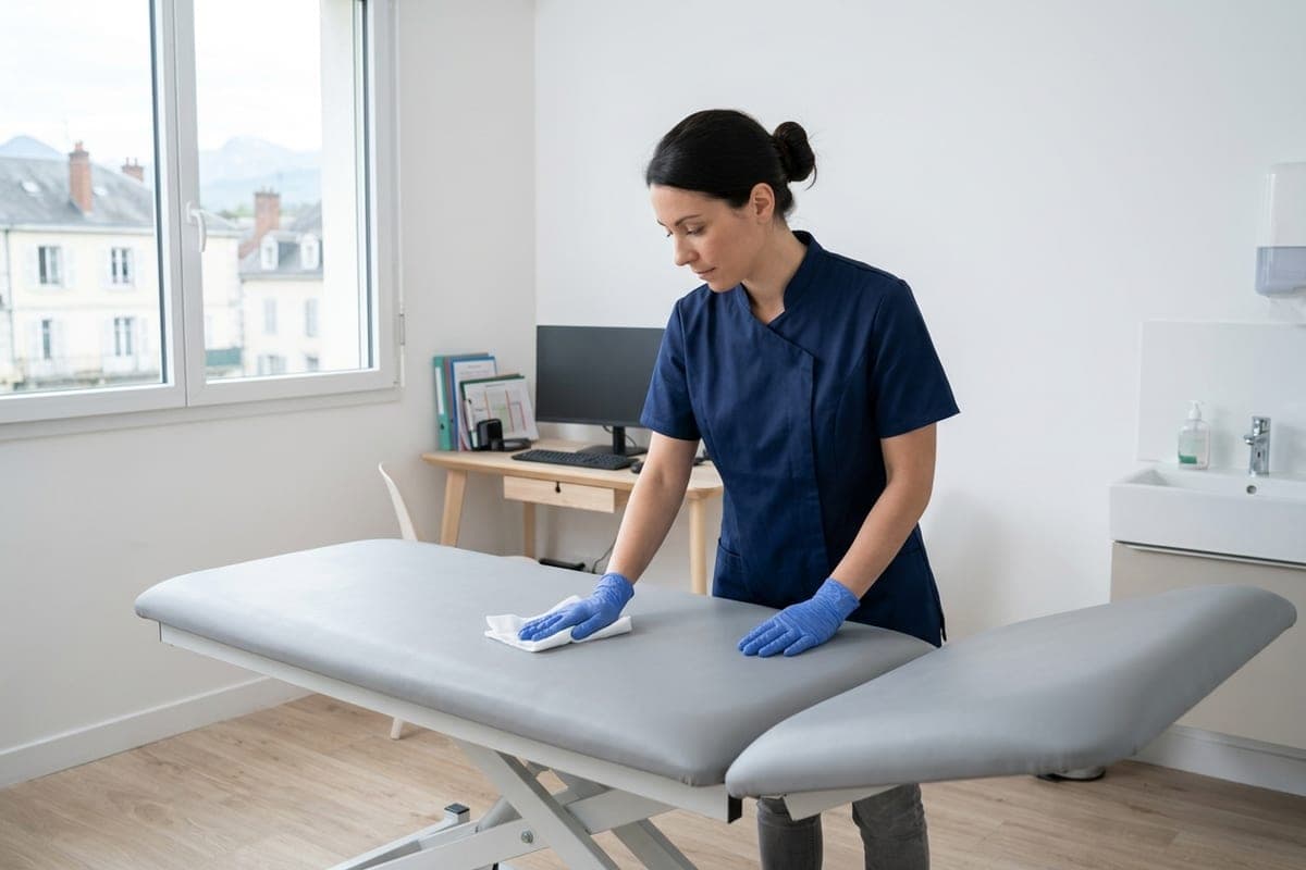 Femme gantée qui désinfecte une table d’examen grise dans une salle de consultation claire