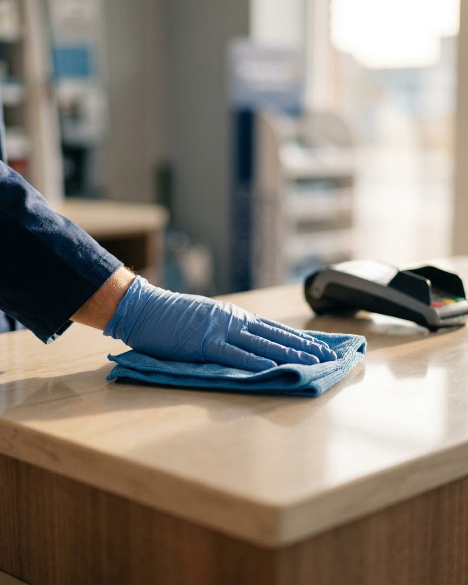 Gros plan d’une main gantée de bleu qui essuie un comptoir de caisse, terminal de paiement à côté