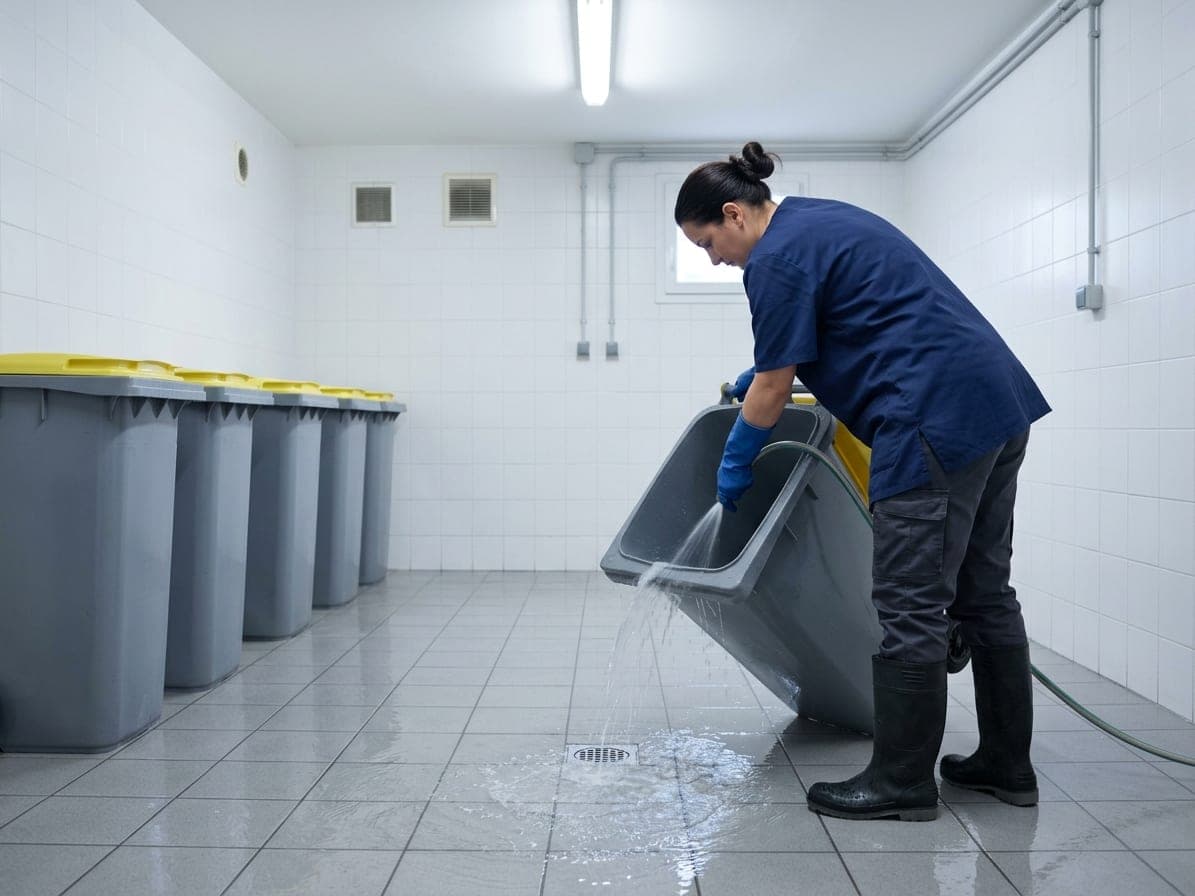 Femme en bottes qui rince un bac roulant au jet dans un local poubelles carrelé de blanc