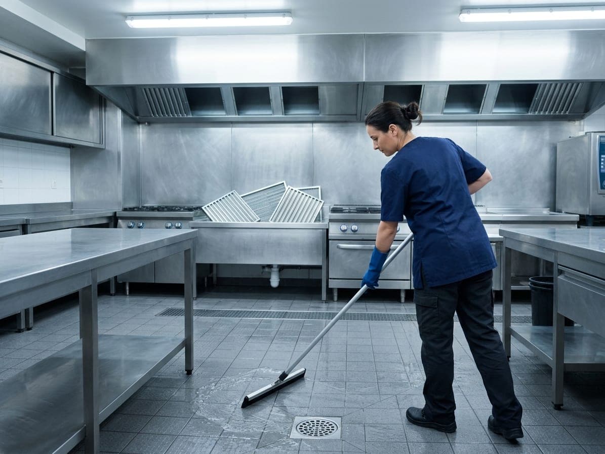 Femme qui pousse l’eau vers le siphon avec une raclette dans une cuisine inox, filtres de hotte qui trempent